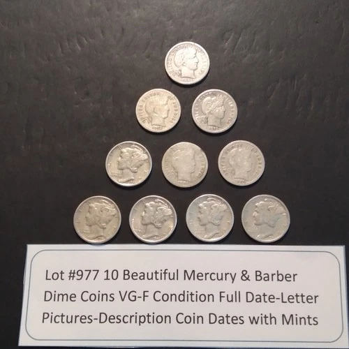 Lot#977 10 Silver Dimes 5 Mercury & 5 Barber Dimes Full Dates & Letters Fine-VF