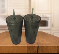 Ribbed 21oz Glass Tumbler with Glass Lid and Straw Green 2 pack