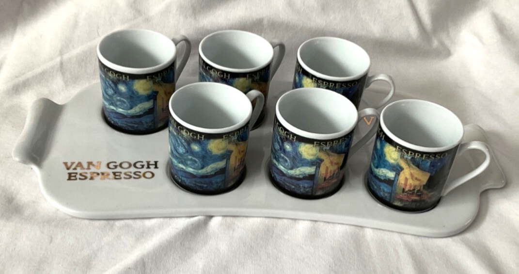 7 pc Vincent Van Gogh Vodkas Tray + 6 Espresso Cups Ceramic Set
