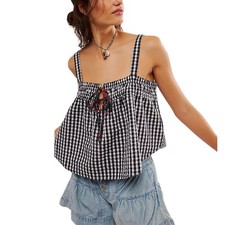 Women Y2k Plaid Tank Top Cute Gingham Tie Front Sleeveless Small, B Black