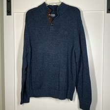 Chaps Henley Sweater Mens L Navy Button Mock Neck Pullover Elbow Patch Preppy
