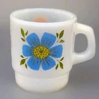 Vintage Anchor Hocking Fire King Milk Glass Coffee Cup Mug Blue & Orange Flower