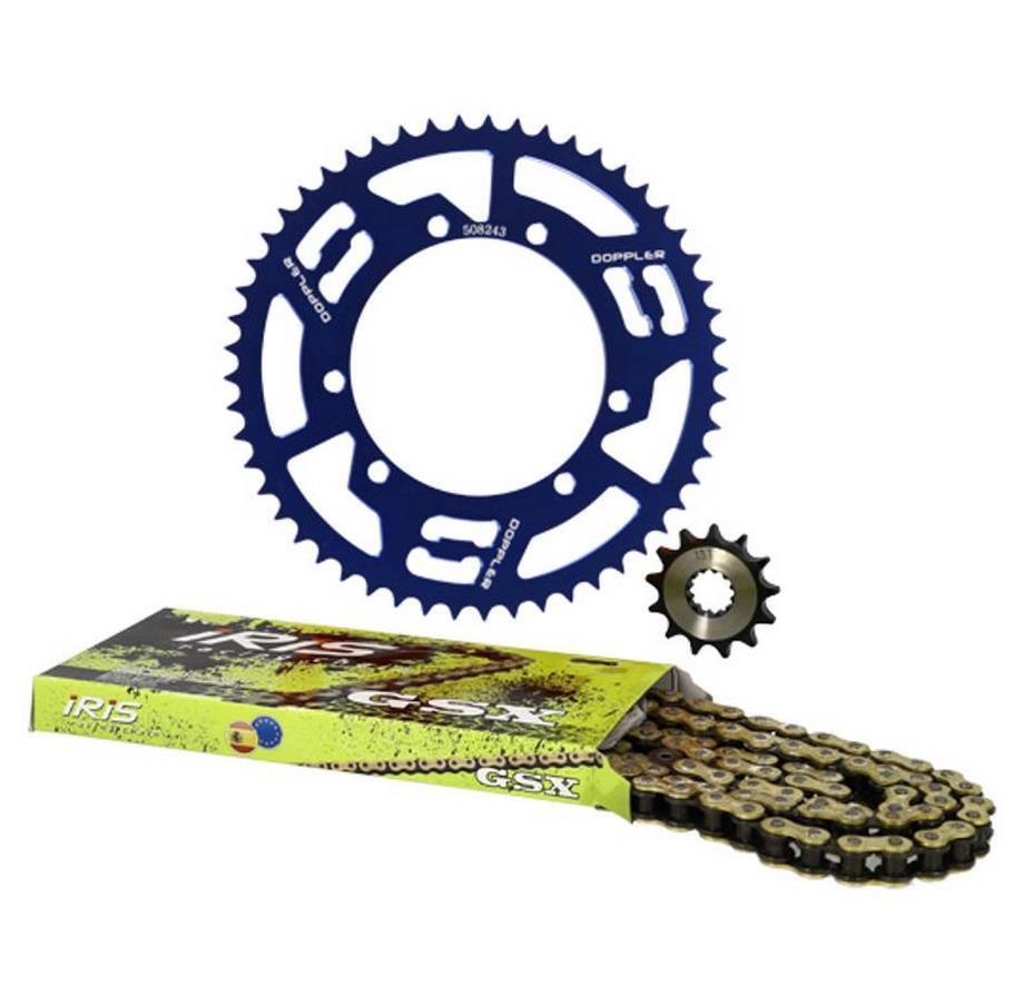 Kit chaîne Doppler 428 en alu bleu pour rénover la transmission Sherco SM