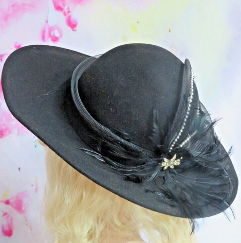 Vintage Ladies Hat Bellini New York Wool Felt Cartwheel Wide brim Feather Jewels - Picture 7 of 13