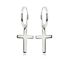 Cross Religious Dainty Endless Polished Sterling Silver Small Hoop Earrings