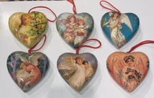Victorian Heart Shaped Angels Paper Mache Vintage Christmas Tree Ornament 6 Set