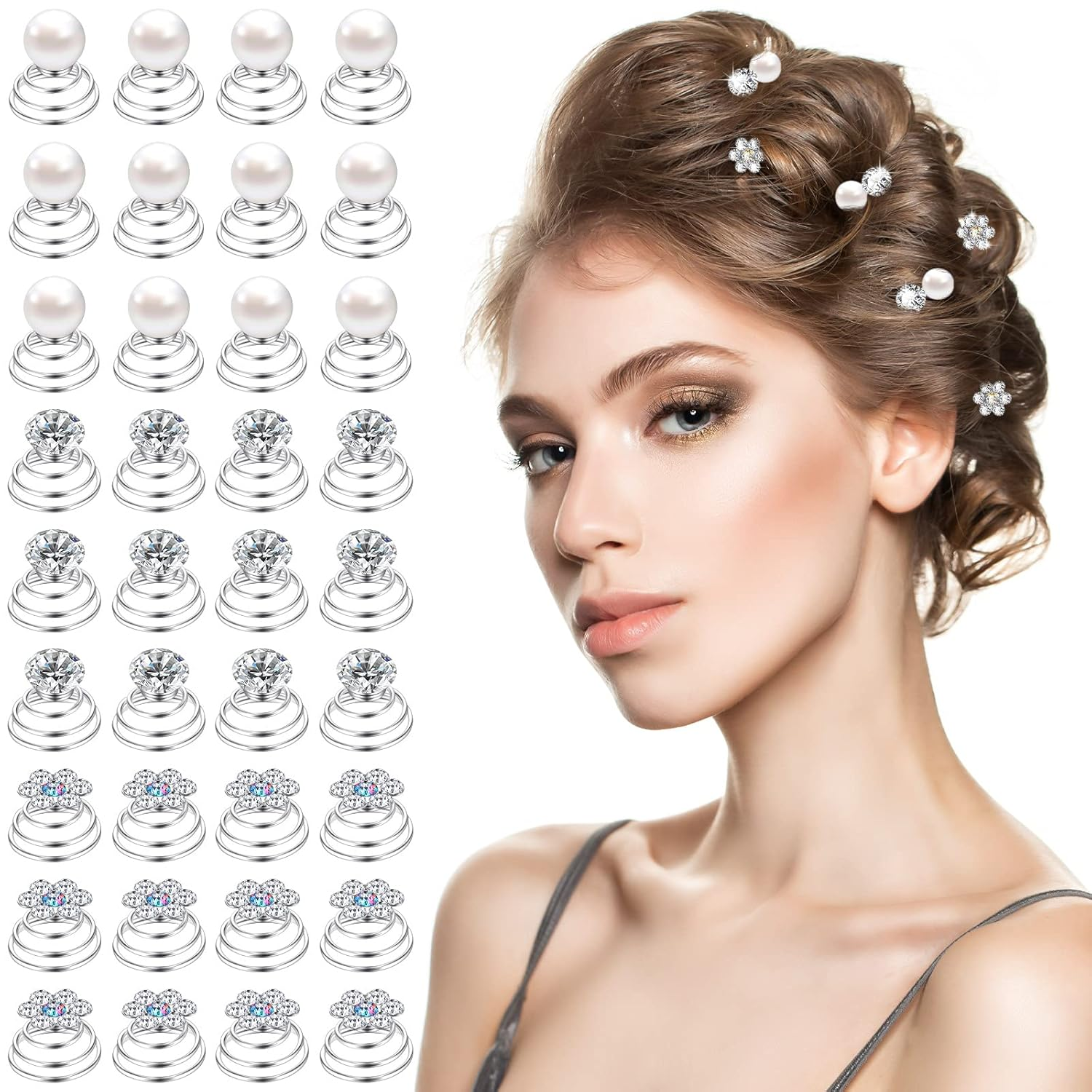36 Pieces Spiral Hair Pins Gems Rhinestones for Hair Accessories Pearl Pin for W