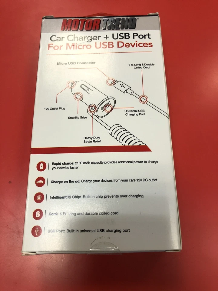 CARGADOR COCHE MICRO USB - MOTOR TREND - PUERTO DE CARGA USB EXTRA - NUEVO EN CAJA Foto 2 de 4