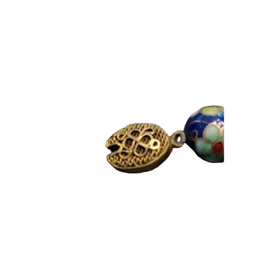 Vintage Cloisonné Hand Knotted Blue Flowers Bead Necklace - Gold Tone Clasp - Picture 7 of 9