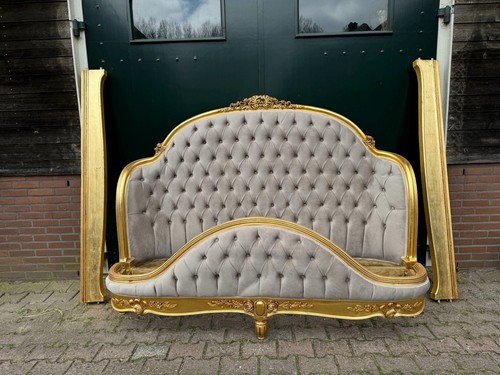 Bed Frame French Louis XVI 1880 Antique Gold Beechwood Corbeille Velvet - Picture 2 of 17