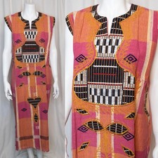 VINTAGE '70s Hand Woven Embroidered Pink  Orange Kaftan Tunic Dress ONE SIZE