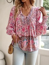 Boho Women's Summer Lace-up T Shirts Blouse Loose Floral Tee Tops Plus SIZE 6-20