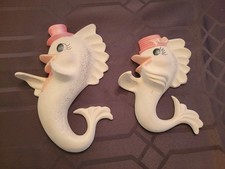 Vintage Pair Fish Chalkware Wall Plaques Top Hat Kitch Bathroom Decor  GUC