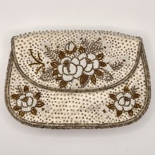 Vtg 1950s Ivory Pearl Beaded Evening Clutch Bag Art Deco Raised Floral Wristlet