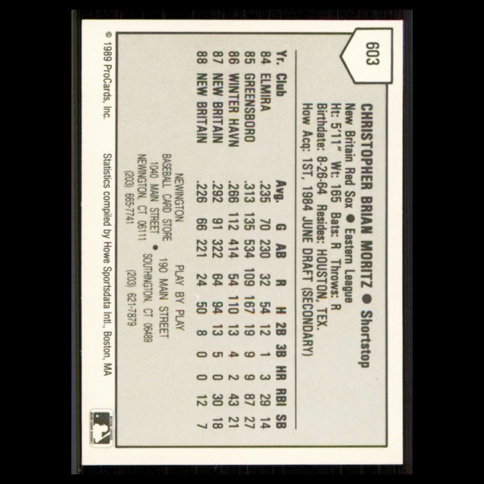 Chris Moritz #603 1989 ProCards Minor League Team Sets New Britain Red Sox Card - Image 2 of 3