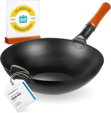 YOSUKATA 13.5" Carbon Steel Wok Pan, Pre-Seasoned Flat Bottom Stir Fry Wok