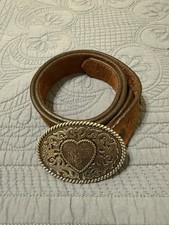 Justin Silver Embossed Heart Tooled Western Brown Leather Kids Belt Sz 22  USA
