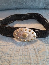 Chicos Vintage Black Woven Adjustable Long Leather Belt Made in Morocco Med/Lar
