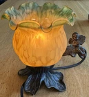 Vtg Tiffany Style Lamp Glass Tulip Cherub with Mandolin Yellow Green Table Desk