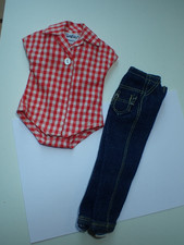 Vintage Barbie Doll Picnic Set Red Gingham Top Denim Jeans NICE