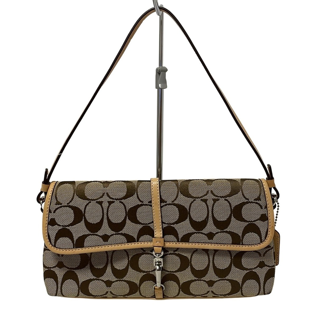 Auth COACH Signature Clip Demi Pouch 6348 Khaki Light Brown