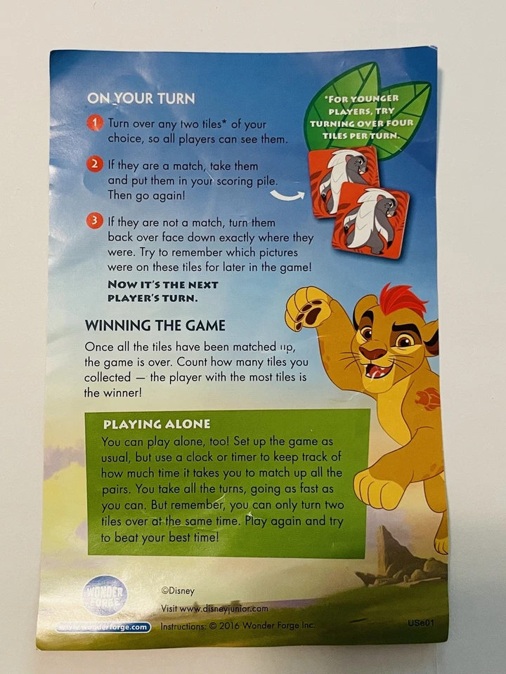 Disney Junior The Lion Guard Matching Memory Game 2016 Cardinal Preowned VG - Image 3 of 4