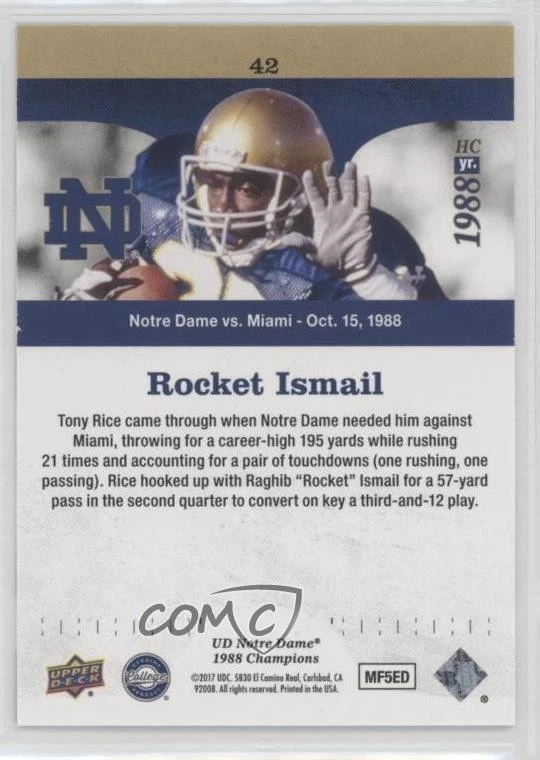 2017 Upper Deck Notre Dame 1988 Championship Blue /88 Rocket Ismail #42 - Image 2 of 2