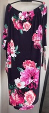 Eliza J Navy With Pink Floral Off The Shoulder Shift Dress 3/4 Tie Up Sleeves 12