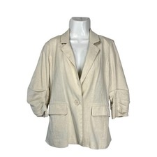 Lush Women Beige Linen Blend Blazer Jacket Button Front Pockets 3/4 Sleeve S