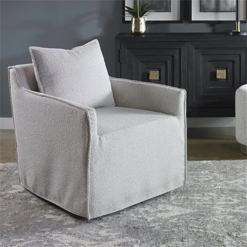 Uttermost Welland Fabric and Wood Swivel Chair in Warm Gray/Ivory - Picture 2 of 8