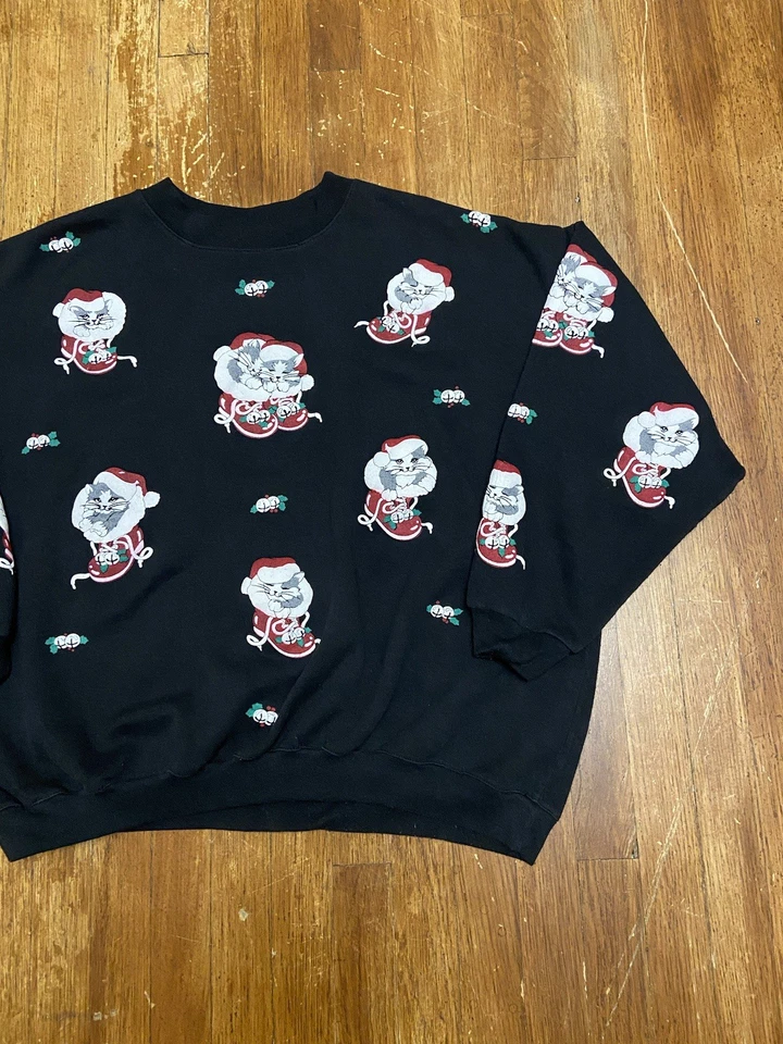 Sudadera grande vintage Cottagecore Christmas Holiday Cat AOP negra para mujer EE. UU. Foto 3 de 4