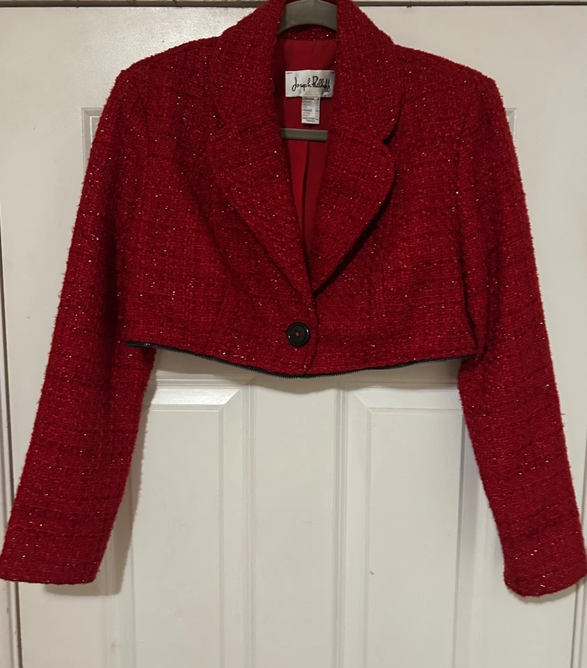 Blazer Joseph Ribkoff Rojo Tweed Tencel Brillante Versátil Cremallera Talla 8 Usado en excelente estado Foto 2 de 4