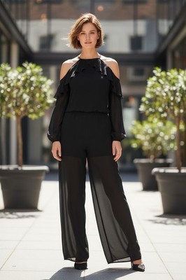 Michael Kors XS Black Chiffon Cold Shoulder Wide Leg Jumpsuit Ruffle Sheer