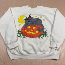Vintage 90s Halloween Sweatshirt Raglan Tultex XL Black Cat Jack o Lantern