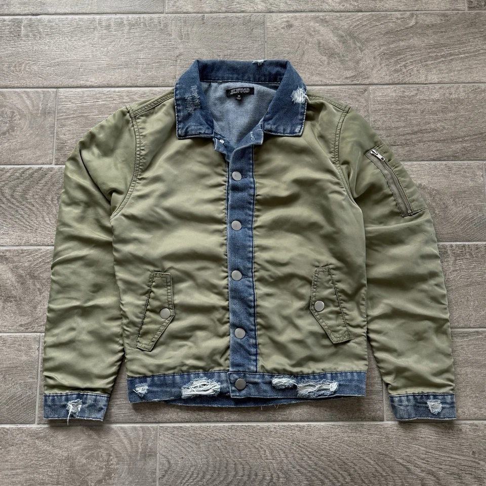 Elwood Men’s Denim Bomber Jacket Distressed Olive Outer With Buttons Size XS - Image 3 of 4