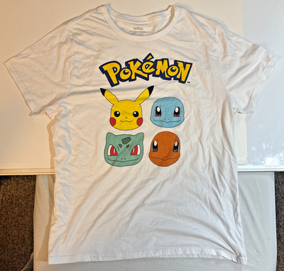 Pokemon, 4 faces of, Pikachu, Bulbasaur, Charmander, Squirtle, T-Shirt XL, white