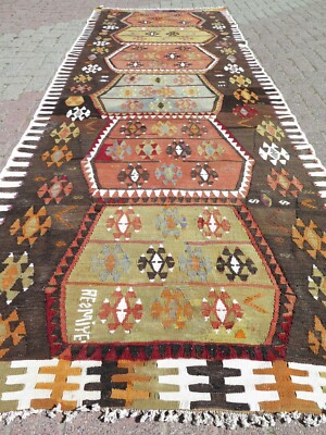 Vintage Türkischer Kelim Läufer Teppich Carpet Runner Lang Teppich Flur Wollt...