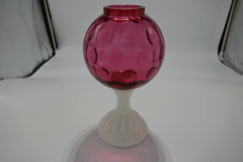 Fenton Art Glass Ivy Ball Vase Dot Optic Ruby Overlay White Stem 8 3/4" T 1950s