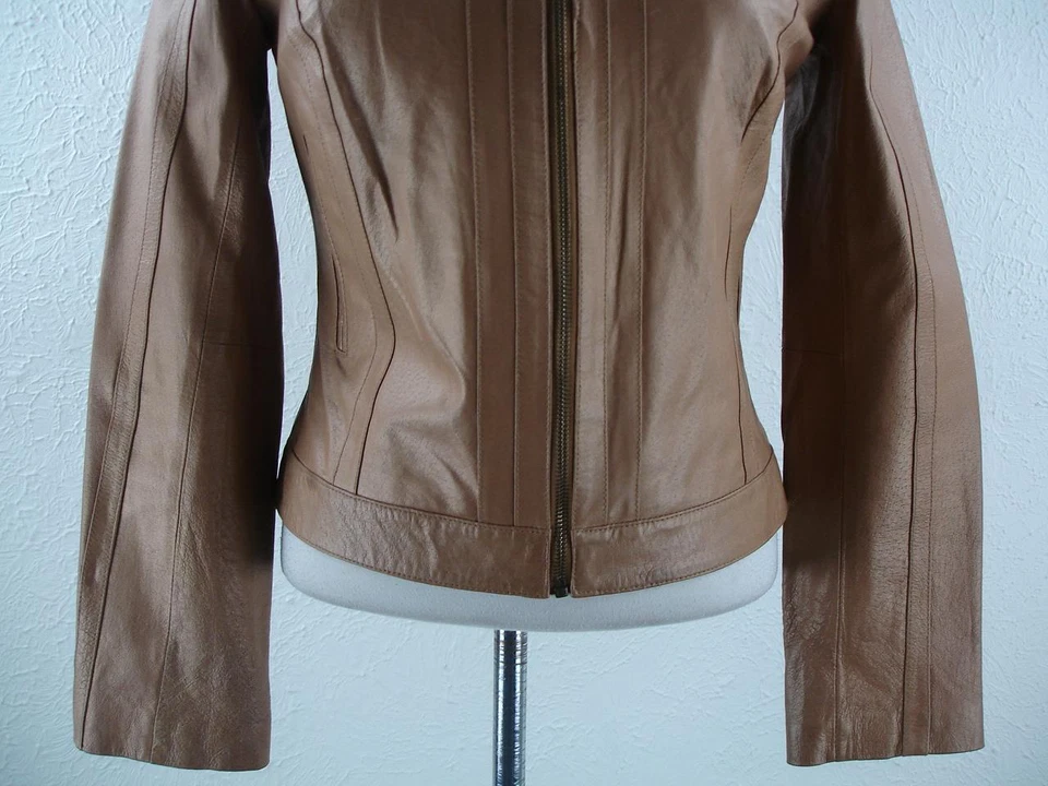 Women's M arden B Metallic Tan Leather Cafe Racer Motorcycle Jacket Biker Moto - Image 3 of 4
