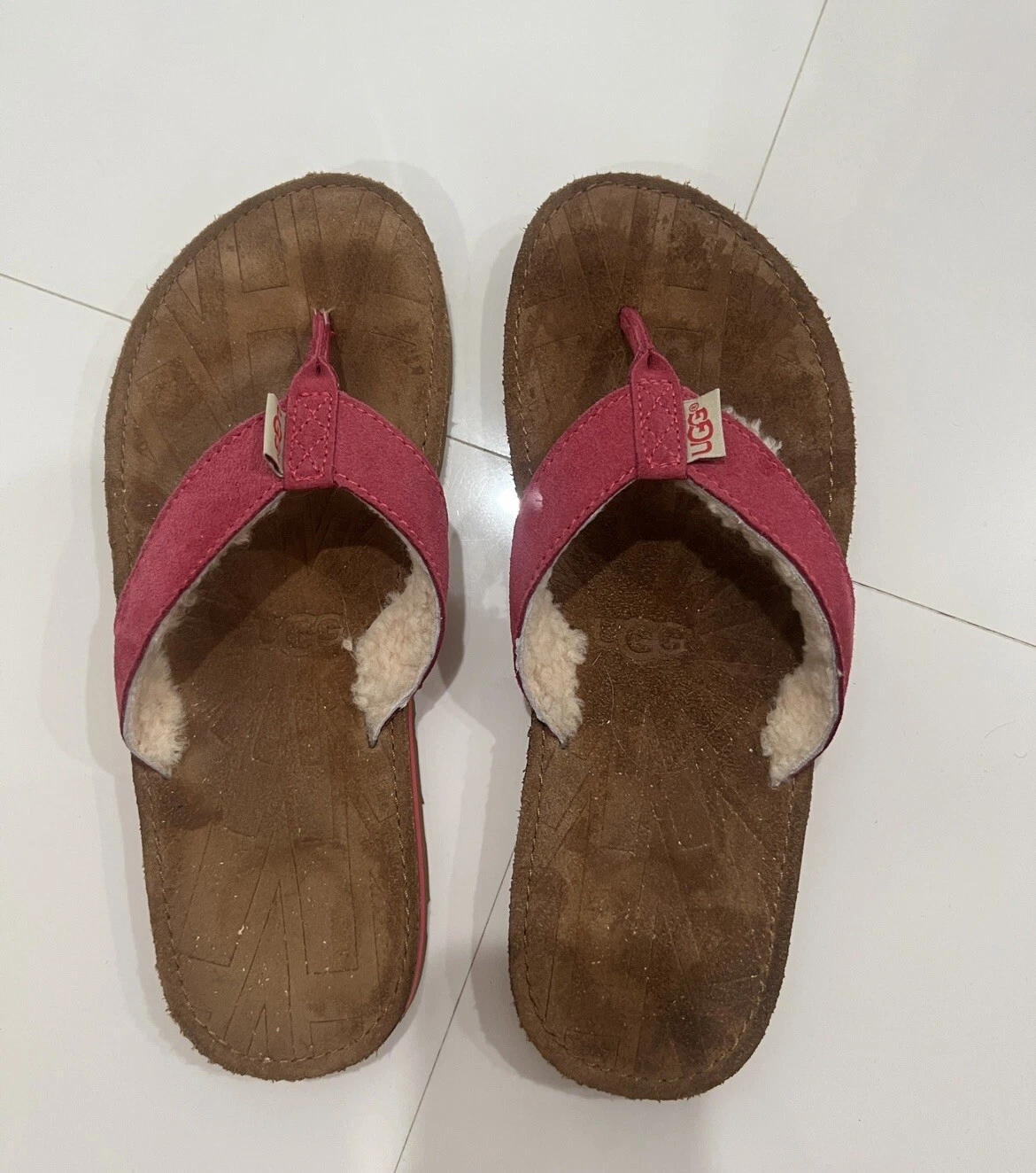 Sandalo infradito UGG donna taglia 10 W marrone pelle scamosciata con pelle di pecora rosa foderata