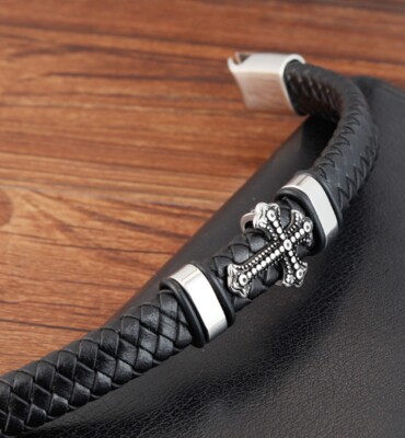 Men /Women Stainless Steel Cross Black Braided Leather Bracelet