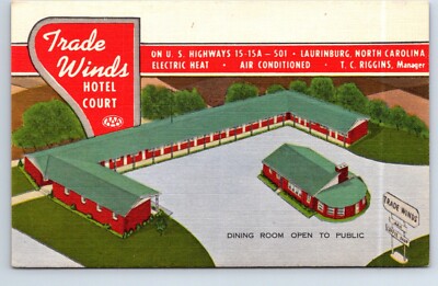 Postcard Linen North Carolina Laurinburg Trade Winds Hotel Court