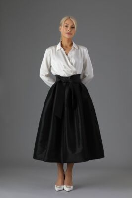 Black Formal Tea Length Skirt Silk Taffeta Pleated Skirt With Pockets