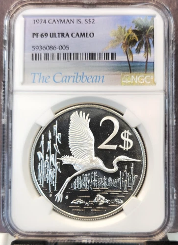 1974 CAYMAN ISLANDS SILVER 2 DOLLARS GREAT BLUE HERON NGC PF 69 ULTRA CAMEO