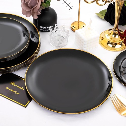 100PCS Black and Gold Plates - Black Plastic Plates Disposable with Gold Rim ... - 第 5/9 張圖片