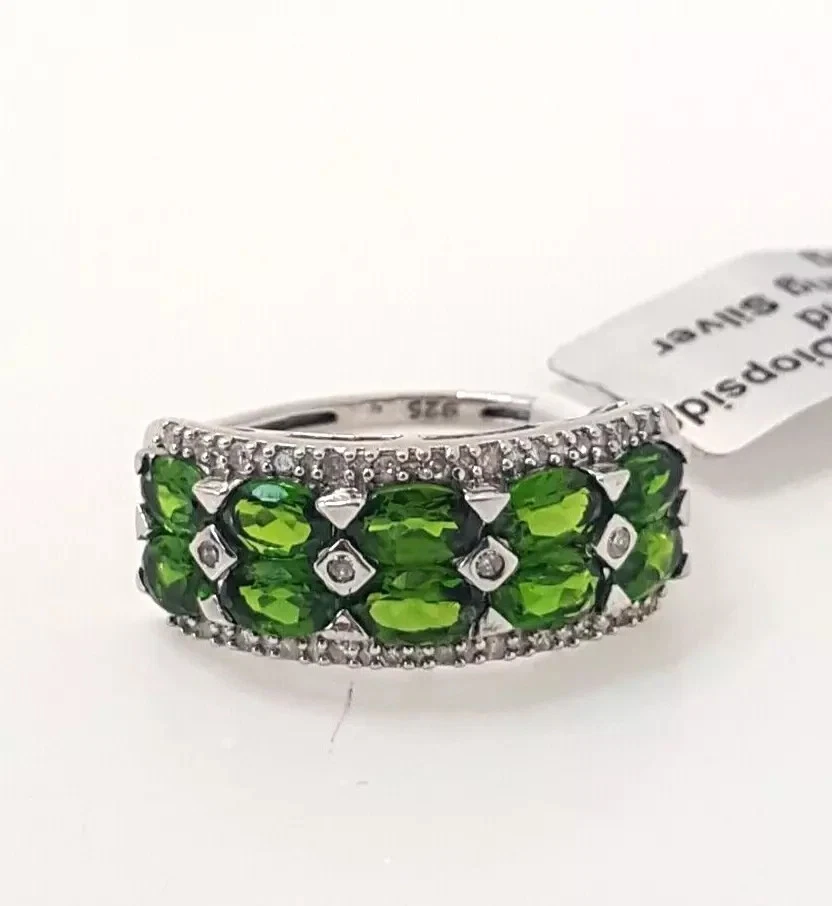 Lindo anel de pedras e diamantes diópsidos reais prata 925 tamanho O~O1/2 #22127 - Imagem 3 de 4