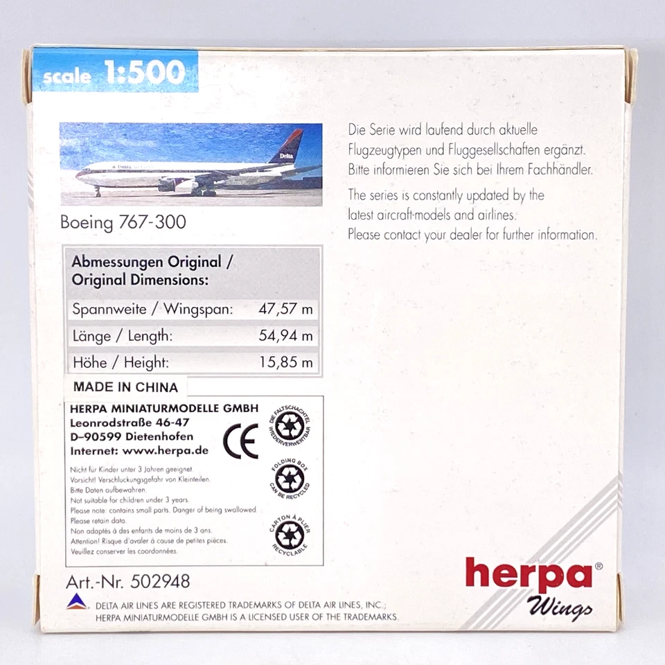 Herpa Wings 502948 Delta Airlines Boeing 767-300 1:500 Scale Diecast NOB NEW - Image 2 of 4