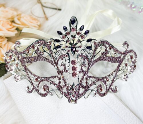 Masquerade Ball Party Mask, Venetian Silver Mask, Mardi Gras Parade Purple Mask - Picture 4 of 5