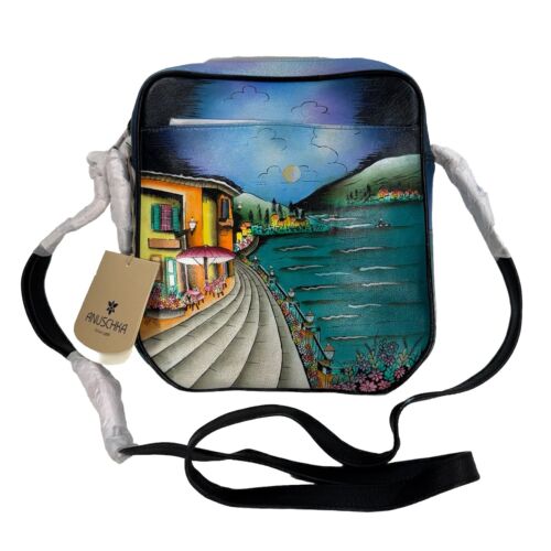 NWT Anuschka Hand Painted Waterfront Scene Leather Crossbody Bag w/ Card Holder