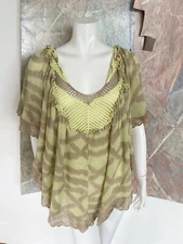 Cecilia Prado Top Knit Yellow Beige Flowing Blouse Chartreuse Medium
